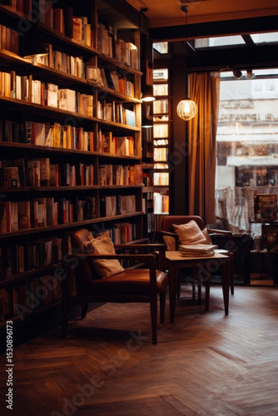 Fototapeta Cozy interior of an independent bookstore featuring wooden bookshelves filled with books and comfortable seating, creating a warm and inviting atmosphere