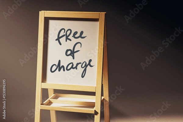 Obraz Wooden sign that says Free of Charge is on a wooden easel stand. The sign is black on white and has a simple, straightforward message. 3d render