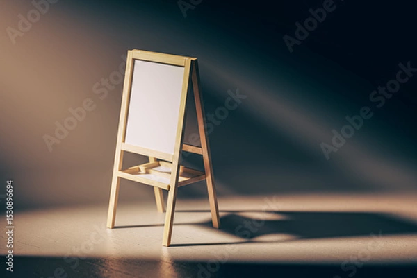 Obraz Wooden easel with a white board on it is sitting in a dark room. The room is dimly lit, and the easel is the only object in scene. 3d render