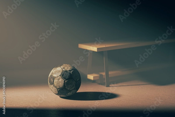 Obraz Soccer ball is sitting on the ground next to a bench. The bench is empty and the ball is the only object in the scene. 3d render