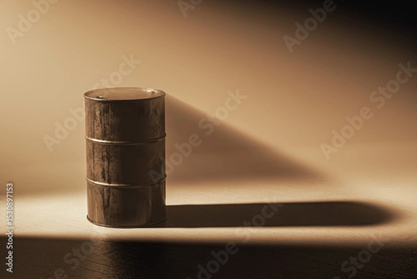 Obraz Barrel is sitting on a floor and lit by beam of the light. The barrel is old and has a rustic appearance. The image has a moody and somewhat somber feel to it. 3d render