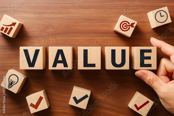 Fototapeta value concept with wooden blocks, representing business and customer importance.