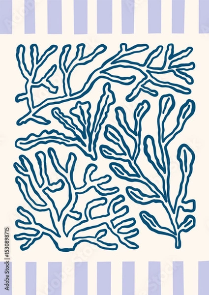 Fototapeta Underwater outline seaweeds, corals, florals vector illustration. Minimalist retro ocean poster design with sea plants