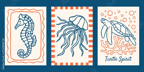 Fototapeta Underwater ocean creatures vector posters set. Minimalist retro print designs with outline seahorse, jellyfish, sea turtle illustrations in whimsical frames