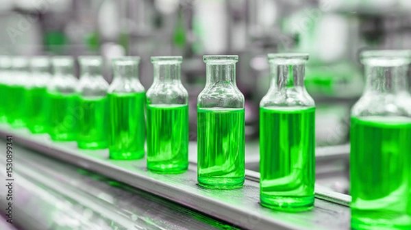 Fototapeta Glass bottles filled with green liquid move along a conveyor belt during the manufacturing process in a factory or laboratory