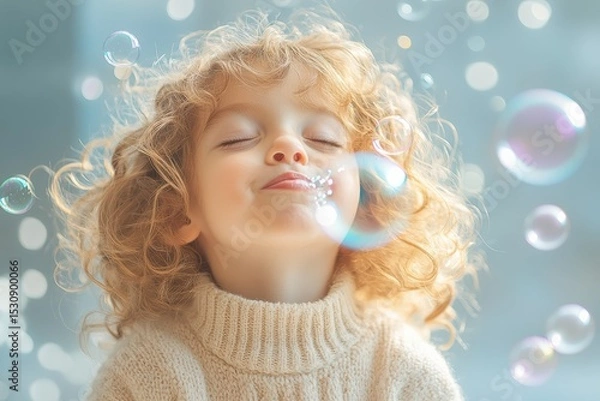 Fototapeta Joyful child in minimalism enjoys blowing bubbles on a sunny day