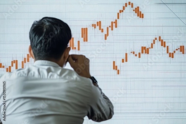 Fototapeta Man analyzing Bitcoin trends and price graphs at a modern office during the afternoon hours