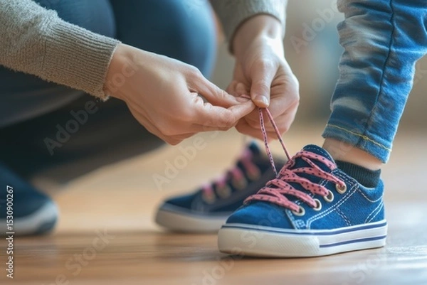 Fototapeta Mom helps child prepare for school by tying shoelaces in the morning routine