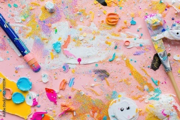 Fototapeta Creative playtime with glue, glitter, and stickers brings joyful mess to the table