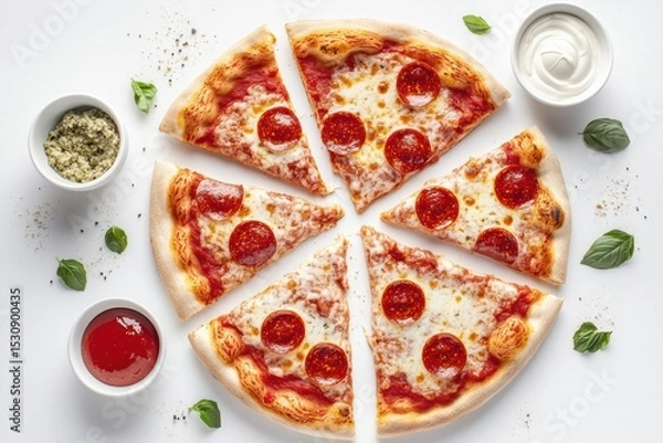 Fototapeta Overhead view of pizza slices with ingredients and dipping sauces on a white background