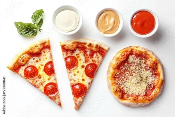 Fototapeta Overhead view of pizza slices with dipping sauces and fresh basil on a white surface