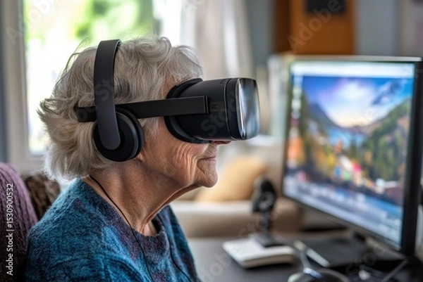 Fototapeta Senior citizen participates in online tech class using virtual reality headset