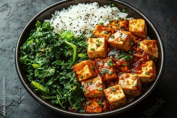 Fototapeta Delicious tofu stir fry with rice and greens served in a dark bowl for healthy dining