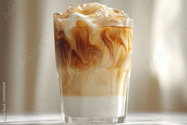 Fototapeta Top-down view of iced coffee swirling with milk in a transparent glass