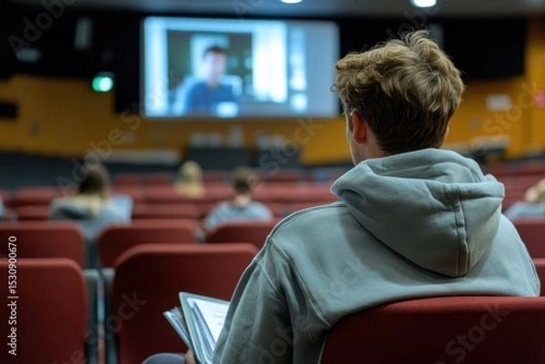Fototapeta University student participates in remote lecture while seated in auditorium