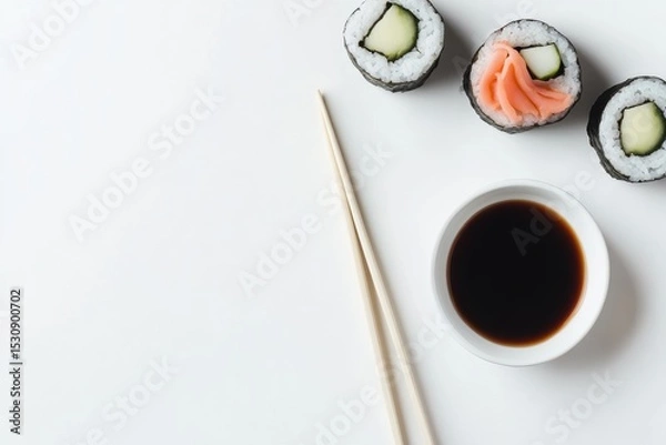 Fototapeta Vegan sushi rolls with fresh vegetables, pickled ginger, and soy sauce on a white surface