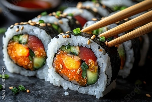 Fototapeta Vegan sushi rolls served with soy sauce and chopsticks for a delightful dining experience