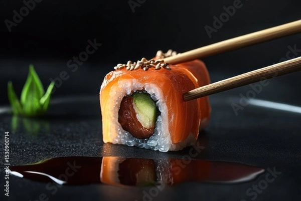 Fototapeta Vegan sushi rolls presented with chopsticks and soy sauce on a dark background