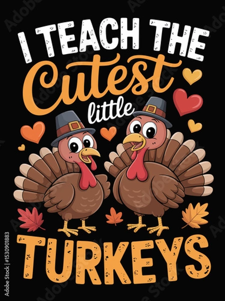 Fototapeta Two cartoon turkeys wearing hats are surrounded by colorful hearts and autumn leaves. The words I teach the cutest little turkeys are playfully illustrated above and below them.