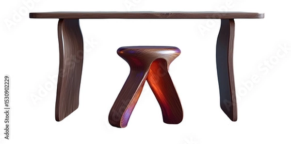 Fototapeta Sleek dark wooden table and stool featuring elegant curved legs