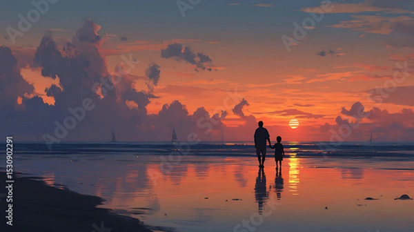 Fototapeta Silhouetted figures of a parent and child walking hand-in-hand along a serene beach at sunset, with sailboats in the background