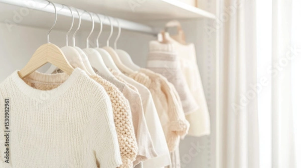 Fototapeta Neutral clothes hanging on a rail in a bright, organized closet, background