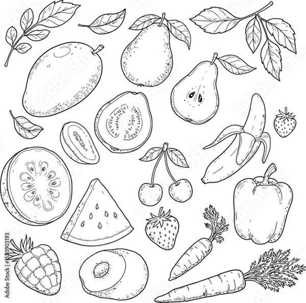 Fototapeta Fruits and vegetables coloring page: mango, pear, kiwi, guava, watermelon, cherries, strawberry, banana, bell pepper, carrots, raspberry, and avocado, with leaves. in line art style.