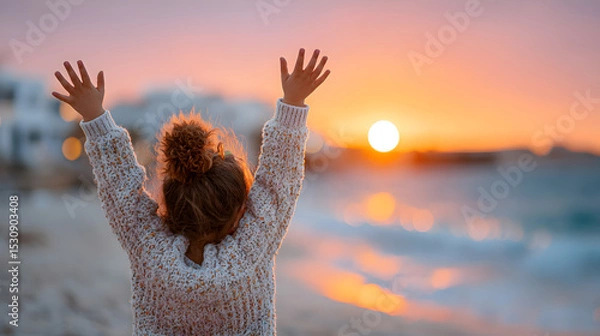 Obraz Child with curly hair joyfully raising hands towards vibrant sunset on beach, capturing the essence of happiness and freedom in nature. Selective focus
