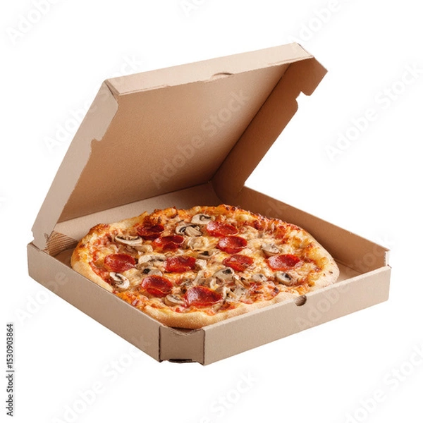 Fototapeta Pepperoni and Mushroom Pizza in Cardboard Box Ready to Eat on transparent background