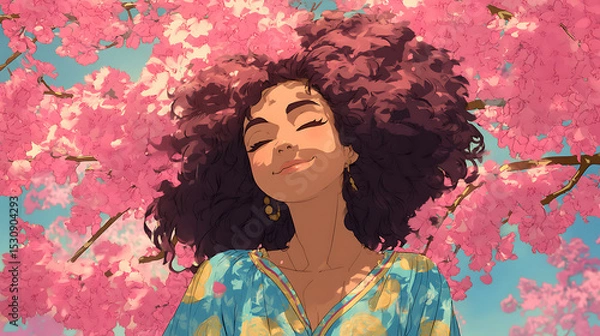 Fototapeta Young woman with curly hair smiling joyfully under blooming cherry blossom trees in spring