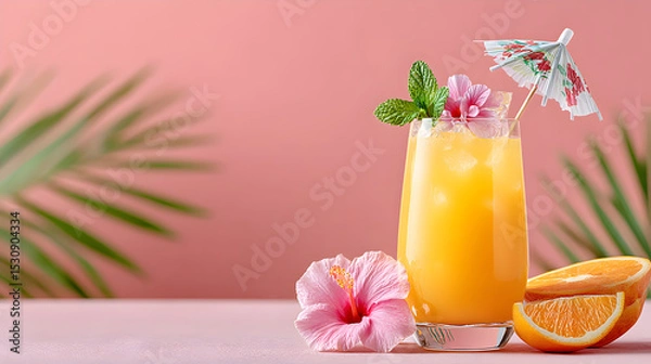 Obraz Refreshing tropical cocktail garnished with vibrant flowers and a decorative umbrella, set against a soft pink background with palm leaves. Selective focus