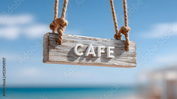 Obraz Wooden cafe sign hanging with ropes against a blurred beach background, evoking a relaxed coastal atmosphere and inviting ambiance for visitors. Selective focus