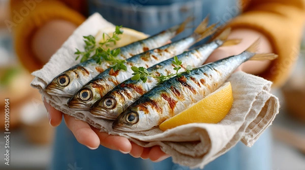 Obraz Freshly caught sardines arranged on a linen cloth, garnished with herbs and lemon slices, showcasing vibrant colors and textures for culinary presentation. Selective focus