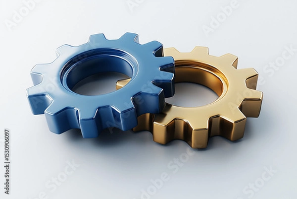 Obraz Interlocked Blue and Gold Gears Symbolizing Collaboration, Engineering, and Mechanical Processes on White Background