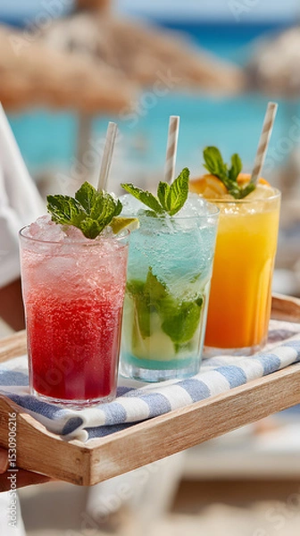 Obraz Colorful refreshing cocktails served on a wooden tray with mint leaves, showcasing vibrant drinks against a beautiful beach background. Selective focus