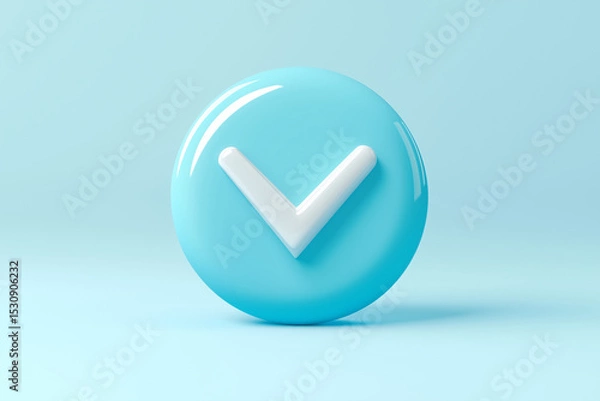 Obraz Light Blue Circle with White Checkmark on Pastel Background, 3D Rendered