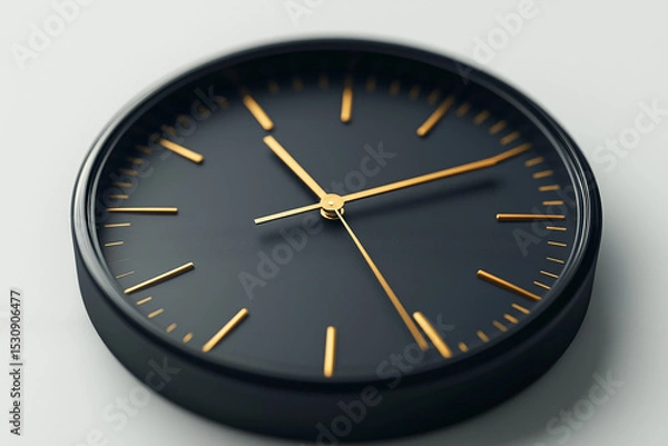 Obraz Minimalist Black Wall Clock with Golden Hands and Markers, CloseUp Detail