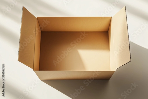 Obraz Open Cardboard Box with Shadow Play on White Background Packing and Shipping Material