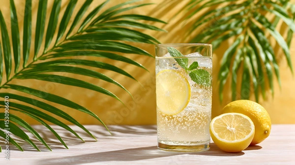 Obraz Refreshing lemonade drink in a glass with ice, lemon slices, and mint leaves, surrounded by tropical palm leaves and bright yellow background. Selective focus