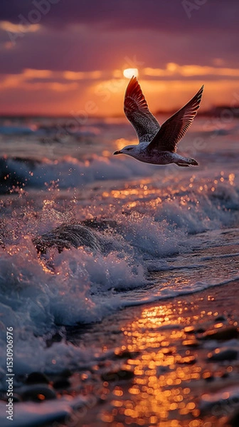 Obraz Seagull soaring above ocean waves at sunset, capturing the vibrant colors of the sky and water, creating a serene coastal atmosphere. Selective focus