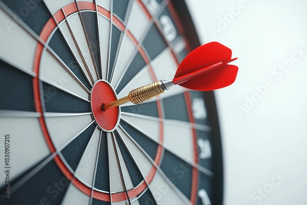 Obraz Red Dart Hitting Bullseye on Dartboard, Achieving Success and Perfect Aim, Close Up View