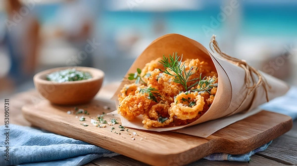 Obraz Crispy fried calamari served in a paper cone on a wooden board, garnished with fresh herbs and accompanied by a small bowl of green sauce. Selective focus