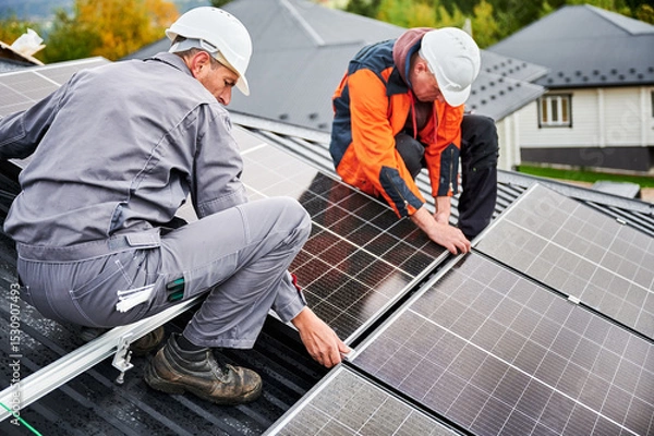 Fototapeta Roofers building photovoltaic solar module station on roof of house. Men electricians in helmets installing solar panel system outdoors. Concept of alternative and renewable energy.