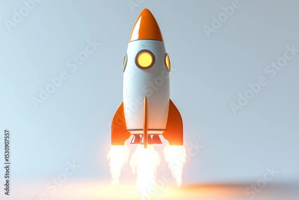 Obraz Retro White and Orange Rocket Launching Upwards with Bright Flames on a Light Blue Backdrop