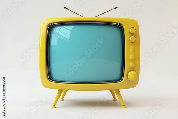Obraz Retro Yellow Television Set With Antenna and Blue Screen, Placed on a White Background