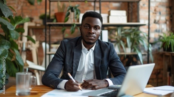 Fototapeta Portrait of a young male office worker sitting at a desk and writing documents, typing on a laptop, looking seriously and confidently at the camera.