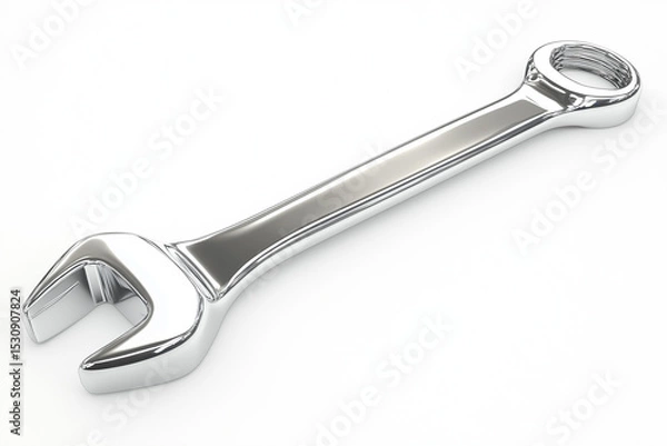 Obraz Shiny Chrome Combination Wrench on White Background, Automotive Repair Tool CloseUp Studio Shot