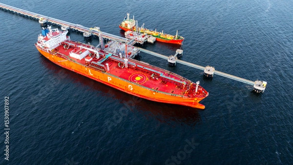 Fototapeta Aerial view LPG gas tanker ship at oil and gas terminal platform, Liquefied Petroleum Gas tanker ship industrial offshore oil gas terminal tanker ship LPG tanker ship loading arm loading and unloading