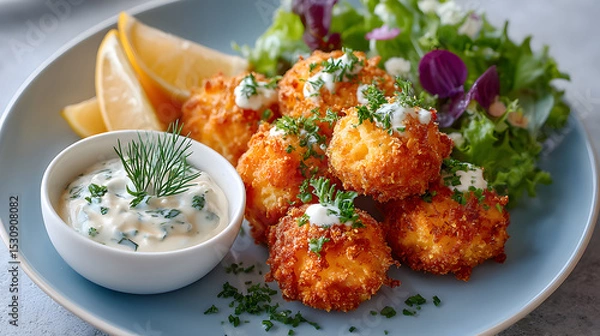 Obraz Crispy golden fried seafood balls served with fresh salad and lemon wedges, accompanied by creamy dipping sauce on a blue plate, showcasing delicious culinary presentation. Selective focus
