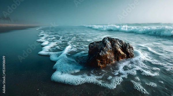 Obraz Rock formation partially submerged in gentle ocean waves, creating a serene coastal scene with soft foam and misty atmosphere enhancing tranquility. Selective focus